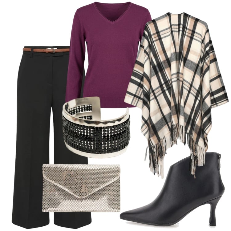 Outfit donna - Total look #2495419. Stile Glamour per Serata fuori. Abbinamento con maglieria, pochette, braccialetti, pantaloni, cappe, stivaletti.