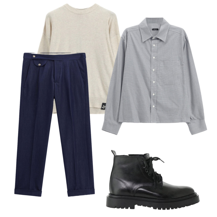 Outfit uomo - Total look #2495420. Stile Casual per Ufficio. Abbinamento con camicie, maglieria, anfibi, pantaloni.