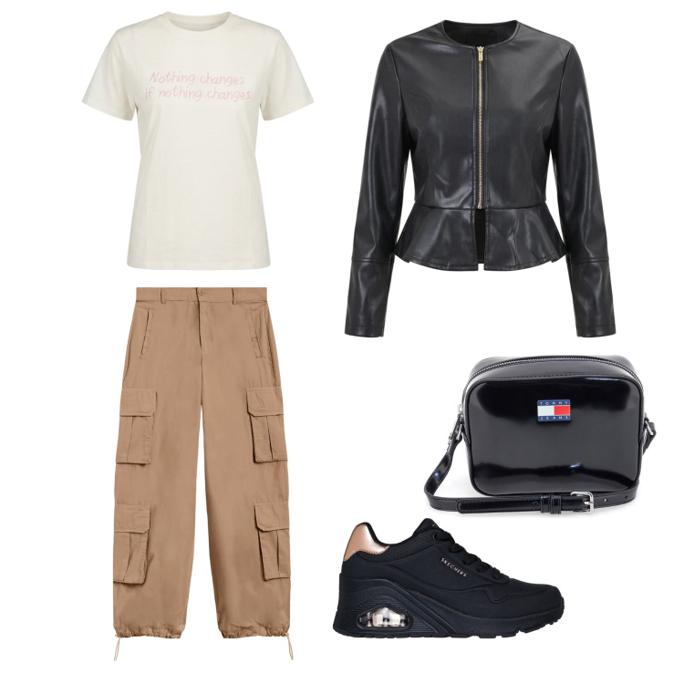 Outfit donna - Tra Borghi e Tramonti. Stile Casual chic per Tutti i giorni. Abbinamento con pantaloni cargo, giacche, t-shirt, sneakers, borse a tracolla.