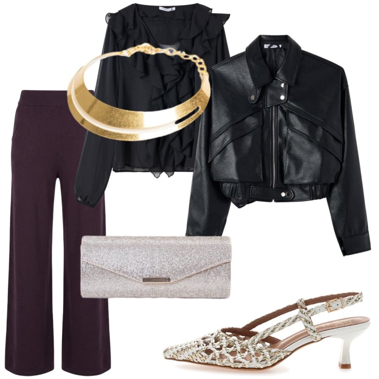 Outfit donna - Total look #2495425. Stile Glamour per Serata fuori. Abbinamento con clutch, collane, pantaloni a palazzo, bluse, bomber, décolleté.
