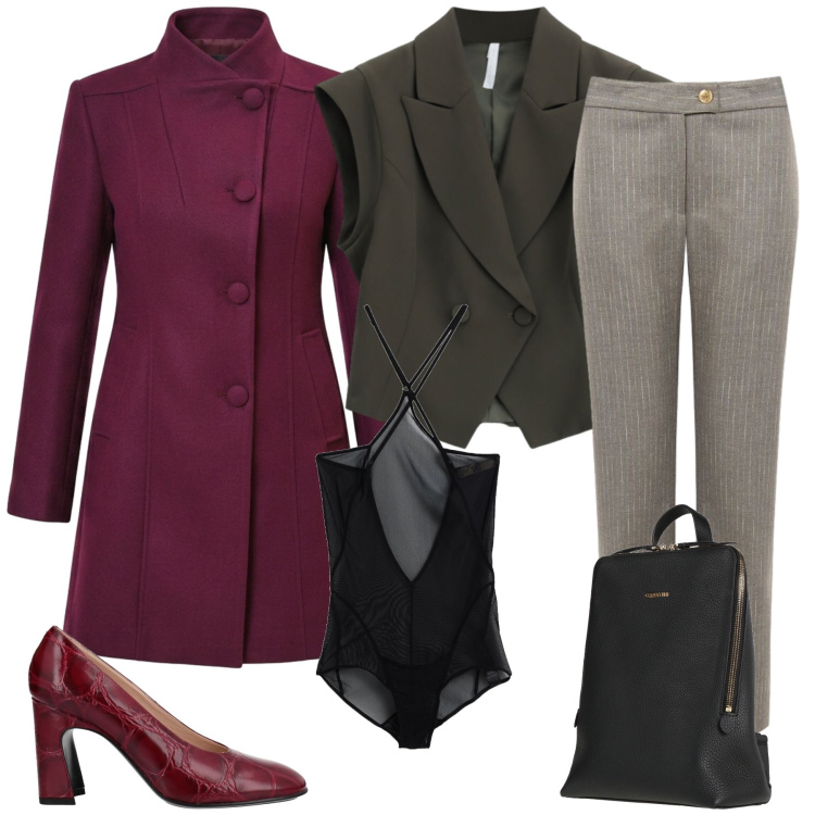 Outfit donna - Total look #2495426. Stile Casual chic per Tutti i giorni. Abbinamento con gilet, cappotti, pantaloni, décolleté, body, zaini.
