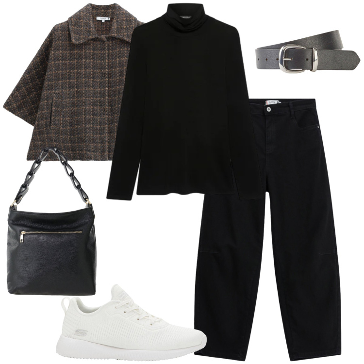 Outfit donna - Chic senza sforzo dalla testa ai piedi. Stile Casual chic per Tutti i giorni. Abbinamento con borse a spalla, maglieria, cappotti, jeans, sneakers, cinture.