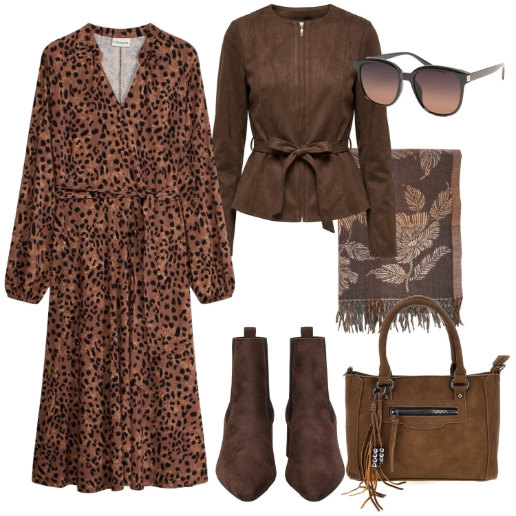 Outfit donna - Femminile mood boho chic. Stile Boho per Tutti i giorni. Abbinamento con blazer, stivaletti, sciarpe, occhiali da sole, borse a mano, vestiti.