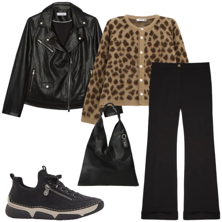 Outfit donna - A little animal print. Stile Casual chic per Tutti i giorni. Abbinamento con borse a spalla, pantaloni, giacche, cardigans, sneakers.