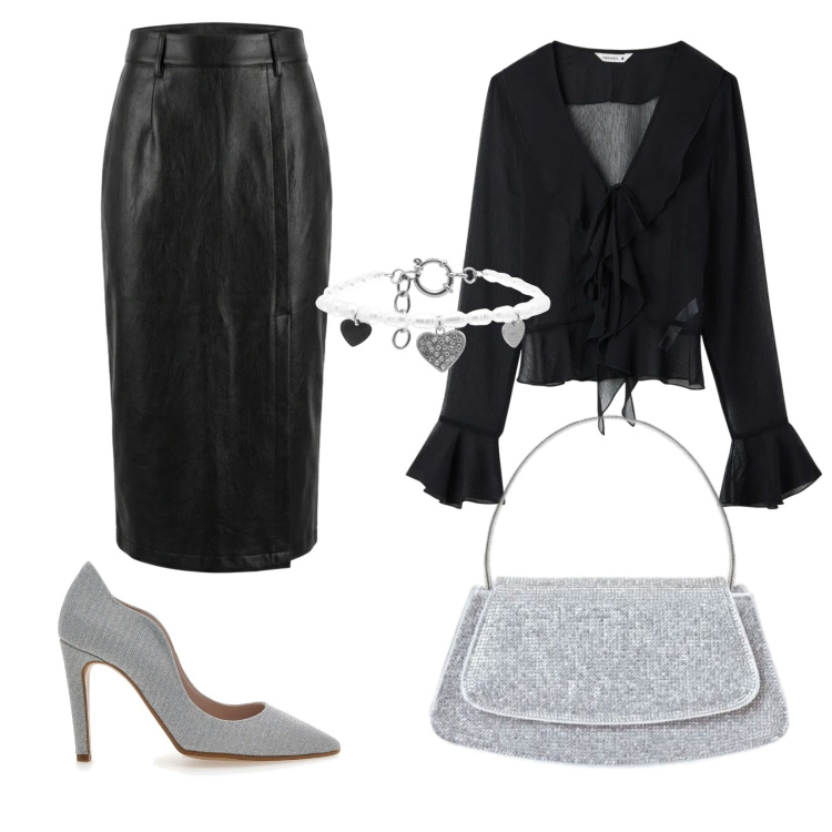 Outfit donna - Glitter and silver. Stile Chic per Serata fuori. Abbinamento con braccialetti, borse a spalla, gonne longuette, bluse, décolleté.