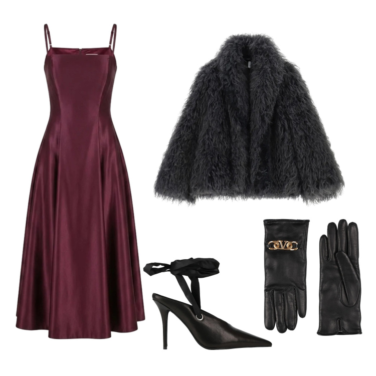 Outfit donna - Soffio di Prugna & Seta. Stile Romantica per Serata fuori. Abbinamento con blazer, vestiti midi/longuette, décolleté, guanti.
