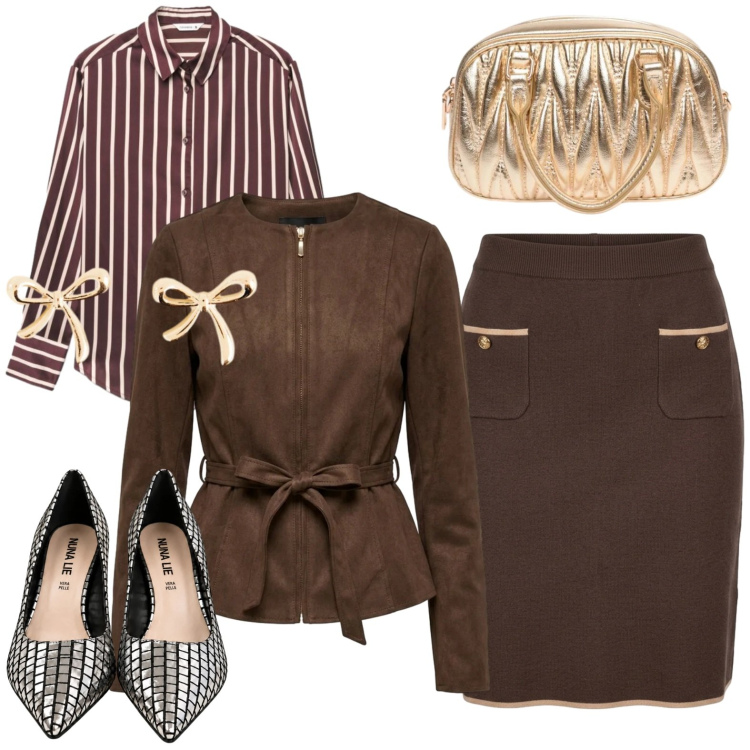 Outfit donna - Aperitivo. Stile Glamour per Serata fuori. Abbinamento con gonne, blazer, borse a mano, décolleté, camicie, orecchini.