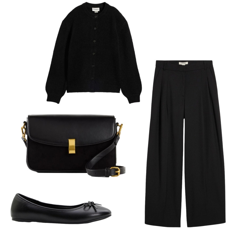 Outfit donna - All-Black All-Class. Stile Chic per Tutti i giorni. Abbinamento con ballerine, borse a mano, pantaloni, cardigans.