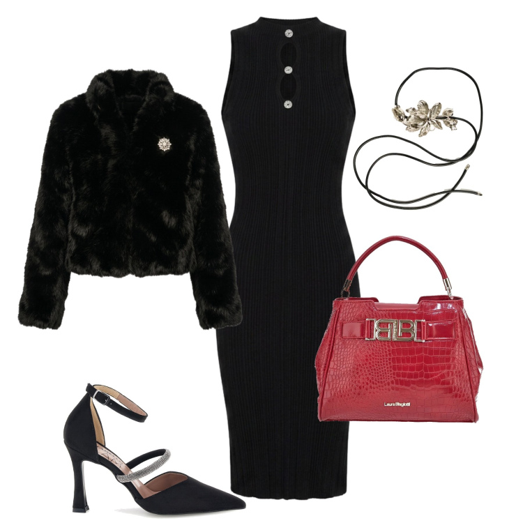 Outfit donna - A cena in black, touch red. Stile Glamour per Serata fuori. Abbinamento con vestiti midi/longuette, cinture, blazer, borse a mano, décolleté.