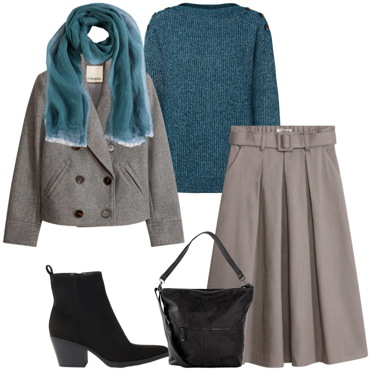 Outfit donna - Total look #2495449. Stile Urban per Scuola/Università. Abbinamento con maglieria, stivaletti texani, borse a tracolla, sciarpe, blazer, gonne.