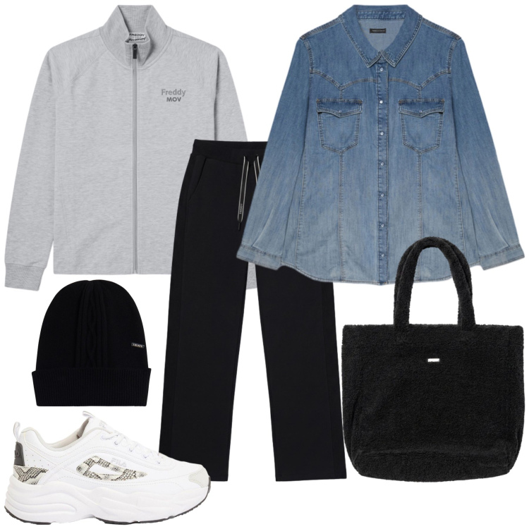 Outfit donna - Denim Layers and Sporty Vibes. Stile Sporty chic per Tutti i giorni. Abbinamento con camicie, berretti, borse a mano, pantaloni, felpe, sneakers.