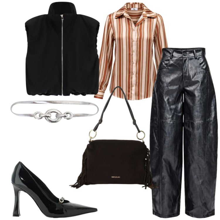 Outfit donna - Gilet caldo. Stile Casual per Tutti i giorni. Abbinamento con camicie, pantaloni a palazzo, décolleté, borse a spalla, piumini, cinture.