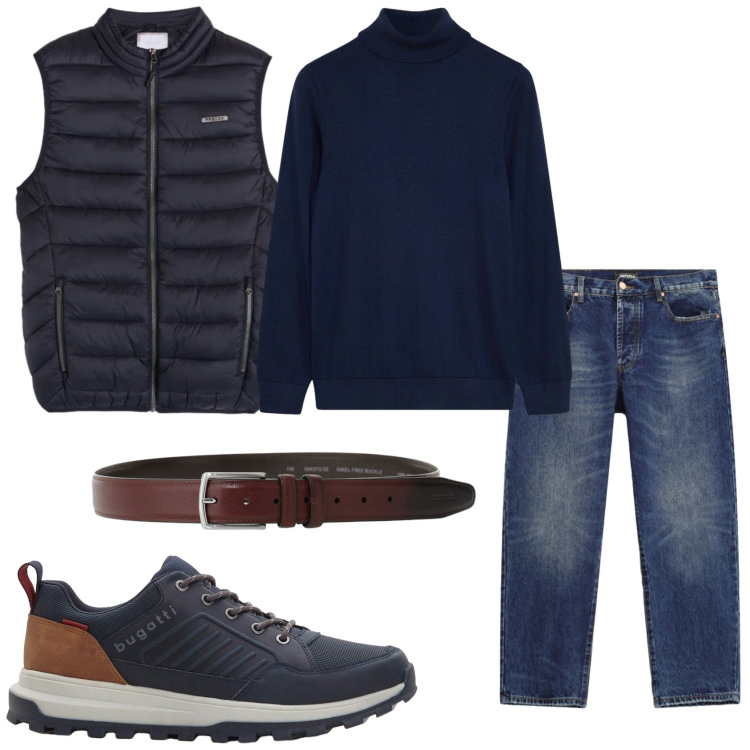 Outfit uomo - Inverno freddo. Stile Urban per Tutti i giorni. Abbinamento con cinture, jeans dritti, piumini, sneakers, pullovers.