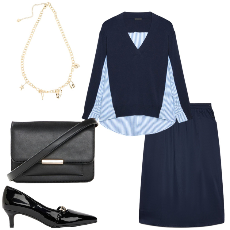 Outfit donna - Total look #2495457. Stile Chic per Ufficio. Abbinamento con gonne lunghe, maglieria, borse a tracolla, décolleté, collane.