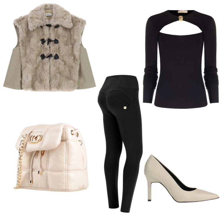Outfit donna - Soffio Glamour & Cozy Chic. Stile Casual chic per Serata fuori. Abbinamento con pantaloni skinny, gilet, t-shirt, décolleté, valigie.