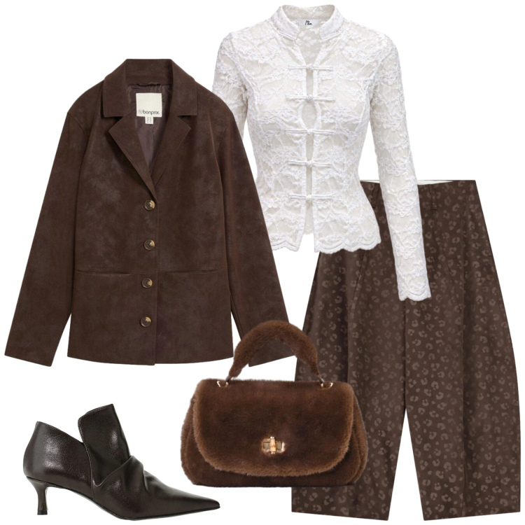 Outfit donna - Total look #2495460. Stile Glamour per Serata fuori. Abbinamento con top, stivaletti, pantaloni, borse a mano, blazer.