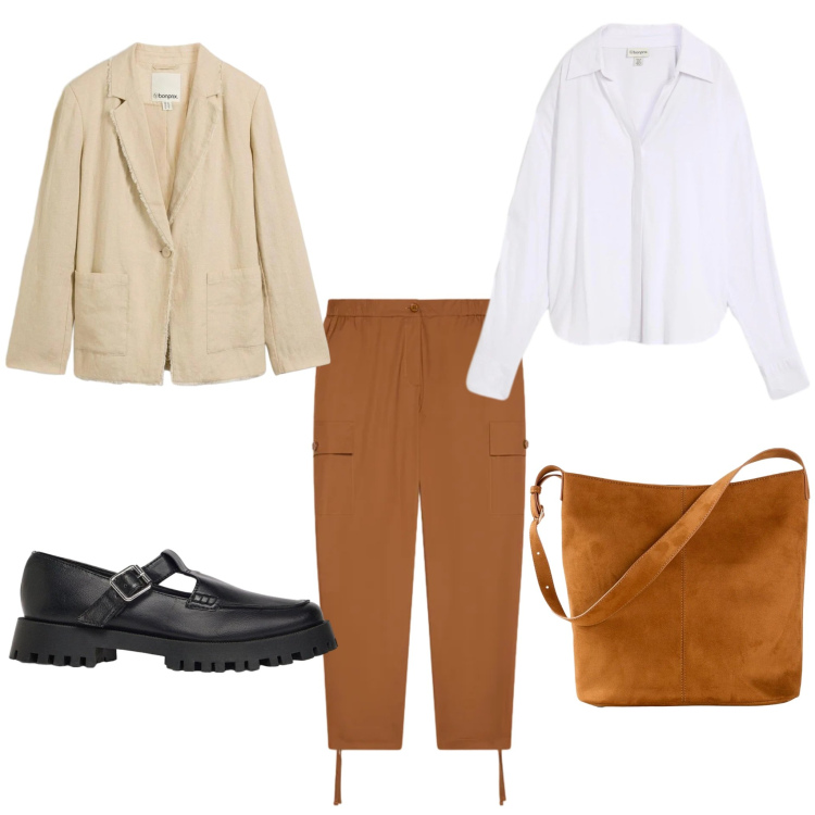 Outfit donna - Sfumature Warm & Smart Casual. Stile Urban per Ufficio. Abbinamento con pantaloni cargo, blazer, mocassini, borse a mano, bluse.