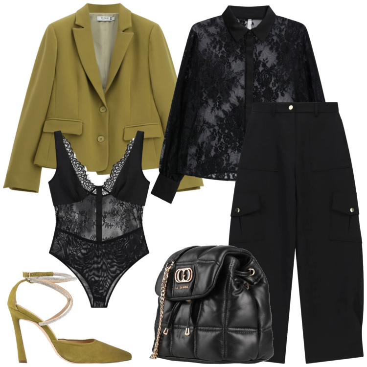 Outfit donna - Total look #2495474. Stile Trendy per Serata fuori. Abbinamento con body, camicie, pantaloni cargo, blazer, valigie, décolleté.