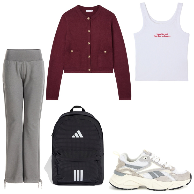Outfit donna - Total look #2495485. Stile Basic per Tutti i giorni. Abbinamento con cardigans, canottiere, sneakers, pantaloni, zaini.