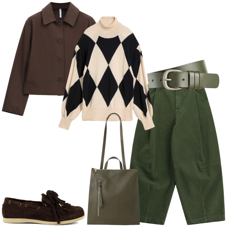 Outfit donna - Total look #2495488. Stile Casual per Tutti i giorni. Abbinamento con cappotti, borse a tracolla, pantaloni, pullovers, mocassini, cinture.