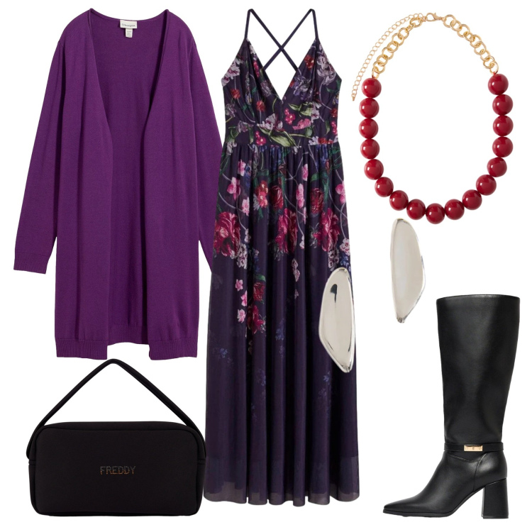 Outfit donna - Total look #2495489. Stile Romantica per Serata fuori. Abbinamento con collane, orecchini, borse a mano, cardigans, stivali, vestiti lunghi.