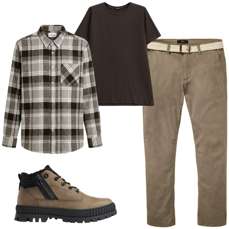 Outfit uomo - Total look #2495496. Stile Trendy per Tutti i giorni. Abbinamento con t-shirt, pantaloni chino, camicie, stivali e stivaletti.