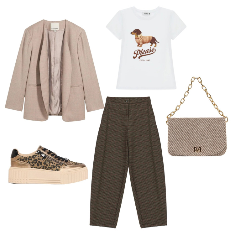 Outfit donna - Marrone autunnale. Stile Trendy per Tutti i giorni. Abbinamento con pantaloni, t-shirt, borse a spalla, blazer, sneakers.