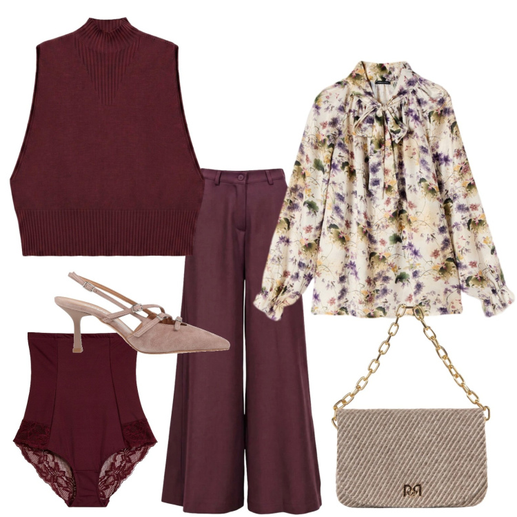 Outfit donna - La blusa sotto il gilet. Stile Chic per Ufficio. Abbinamento con pantaloni a palazzo, maglieria, bluse, borse a spalla, décolleté, culotte.