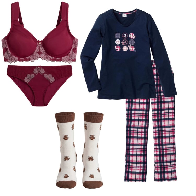 Outfit donna - Pigiama Party. Stile Basic per Tutti i giorni. Abbinamento con calzini, pigiama, culotte, reggiseni.