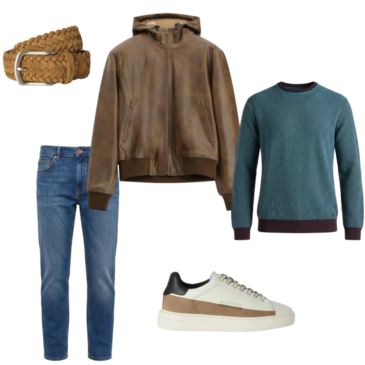 Outfit uomo - L'eleganza dell'autunno in movimento. Stile Trendy per Tutti i giorni. Abbinamento con maglieria, cinture, sneakers, jeans, bomber.