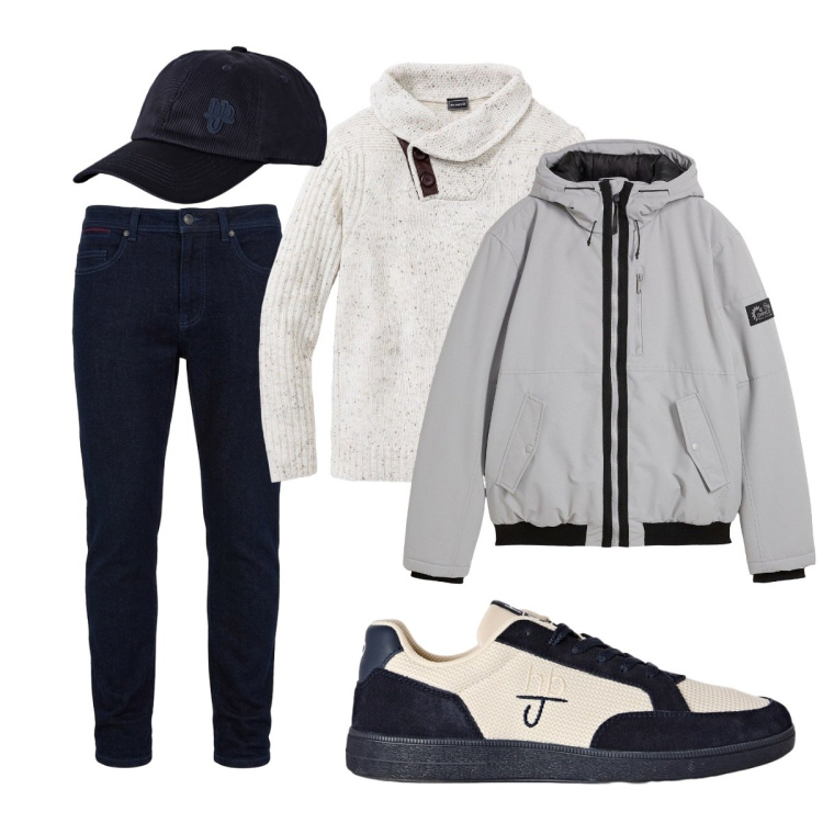 Outfit uomo - Total look #2495507. Stile Trendy per Tutti i giorni. Abbinamento con jeans slim fit, sneakers, cappelli con visiera, bomber, maglieria.