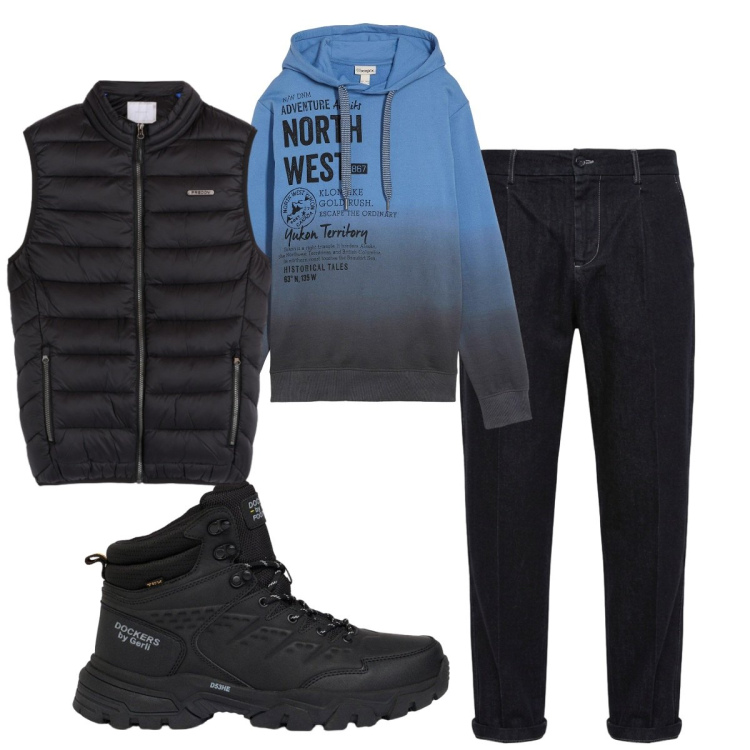 Outfit uomo - Total look #2495508. Stile Casual per Tutti i giorni. Abbinamento con jeans, piumini, felpe con cappuccio, stivali e stivaletti.