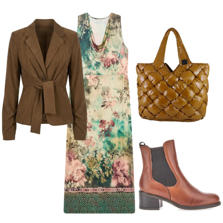 Outfit donna - Autunno. Stile Casual chic per Serata fuori. Abbinamento con vestiti lunghi, borse tote, blazer, stivaletti chelsea.