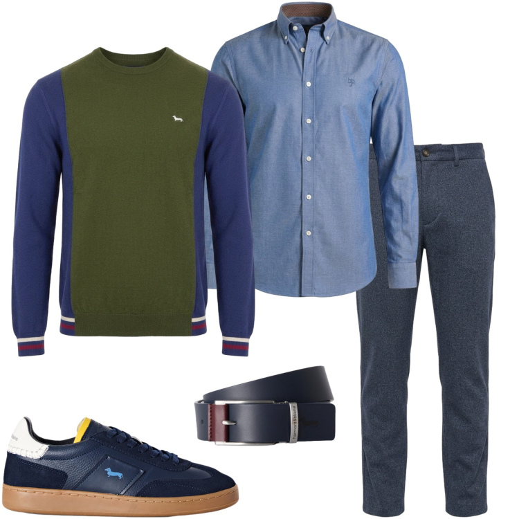 Outfit uomo - In ufficio. Stile Business/Elegante per Ufficio. Abbinamento con pantaloni, camicie, sneakers, cinture, maglieria.