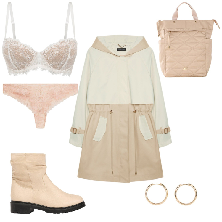 Outfit donna - Curvy elegante!. Stile Casual chic per Serata fuori. Abbinamento con trench, perizomi, orecchini, zaini, stivaletti, reggiseni a balconcino.