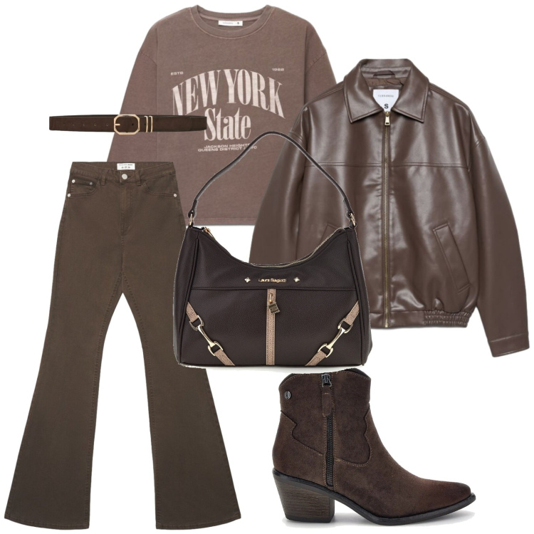 Outfit donna - Urban Footprint. Stile Casual per Scuola/Università. Abbinamento con t-shirt, jeans a zampa, bomber, cinture, stivaletti texani, borse a spalla.