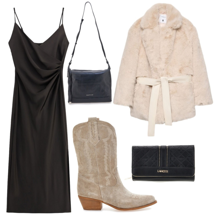 Outfit donna - Urban Footprint. Stile Casual per Tutti i giorni. Abbinamento con vestiti midi/longuette, cappotti, portafogli, borse a tracolla, stivaletti texani.