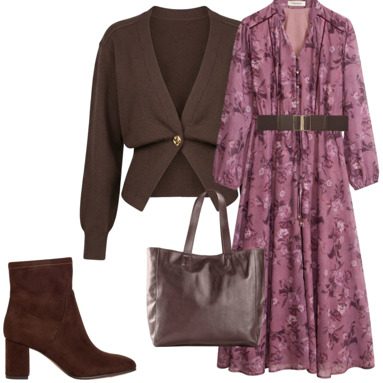 Outfit donna - Boho chic autunnale. Stile Boho per Tutti i giorni. Abbinamento con cardigans, cinture, vestiti chemisier, stivaletti, shopping bag.
