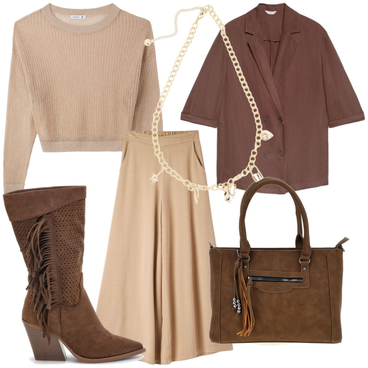 Outfit donna - Urban Footprint. Stile Casual per Tutti i giorni. Abbinamento con maglieria, blazer, pantaloni, stivaletti texani, borse a spalla, collane.