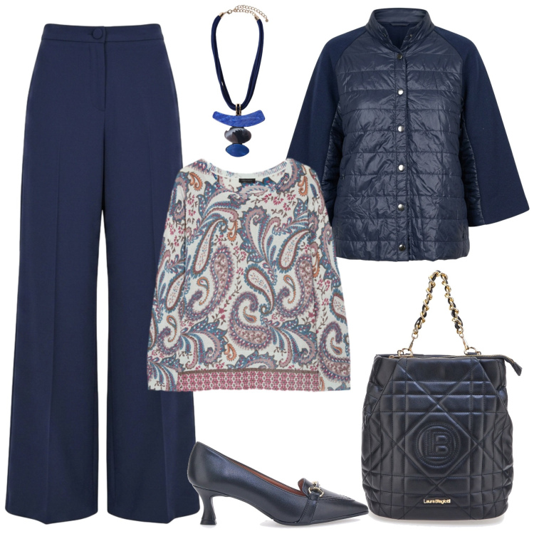 Outfit donna - Il pullover pasley. Stile Chic per Ufficio. Abbinamento con maglieria, ciondoli, pantaloni a palazzo, blazer, décolleté, zaini.