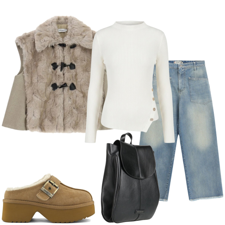 Outfit donna - Idea per un nuovo outfit. Stile Casual chic per Tutti i giorni. Abbinamento con gilet, jeans, maglieria, zaini, sabot.