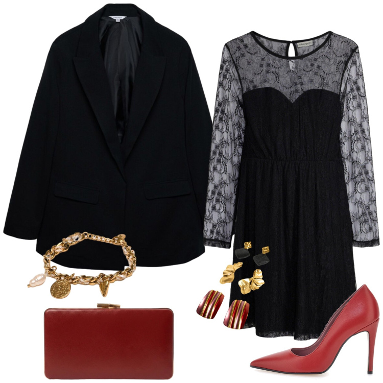 Outfit donna - Total look #2495555. Stile Chic per Serata fuori. Abbinamento con pochette, braccialetti, orecchini, blazer, décolleté, vestiti.