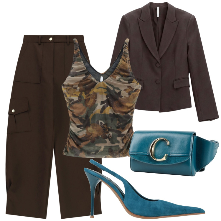 Outfit donna - Cargo pants - @pamela. Stile Casual chic per Serata fuori. Abbinamento con blazer, pantaloni cargo, top, marsupi, décolleté.