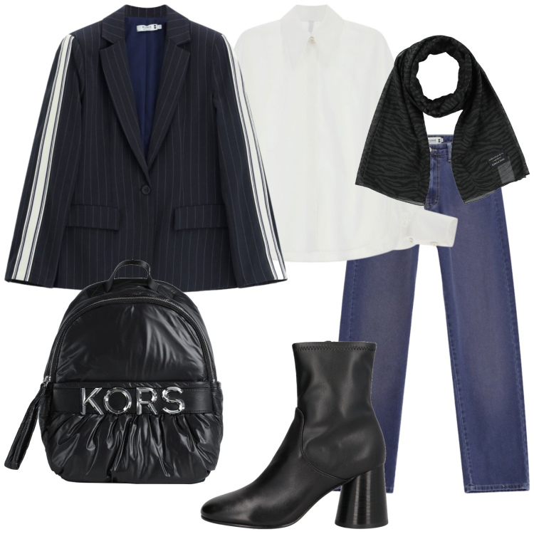 Outfit donna - Total look #2495564. Stile Trendy per Tutti i giorni. Abbinamento con camicie, blazer, jeans, zaini, stivaletti, sciarpe.