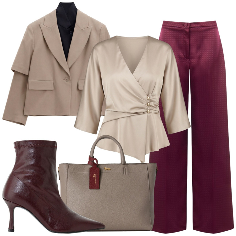 Outfit donna - Sfumature Ruggine e Cammello. Stile Casual chic per Ufficio. Abbinamento con borse a mano, blazer, stivaletti, pantaloni a palazzo, bluse.