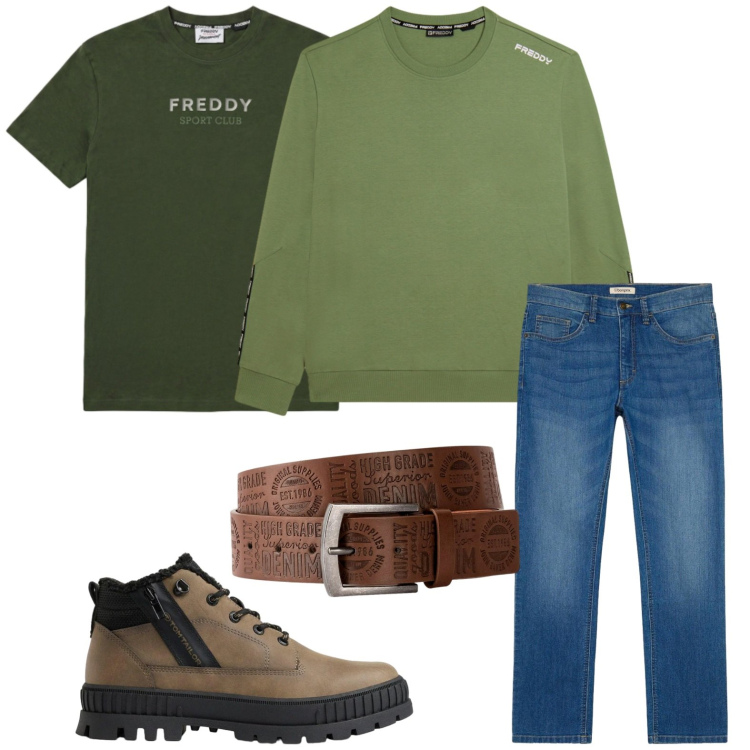 Outfit uomo - Sportivo casual. Stile Casual per Tutti i giorni. Abbinamento con felpe, t-shirt, cinture, jeans dritti, stivali e stivaletti.
