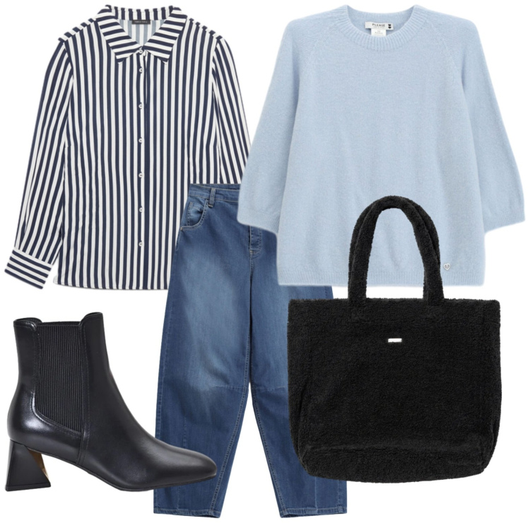 Outfit donna - Righe. Stile Basic per Tutti i giorni. Abbinamento con camicie, jeans, maglieria, borse a mano, stivaletti.