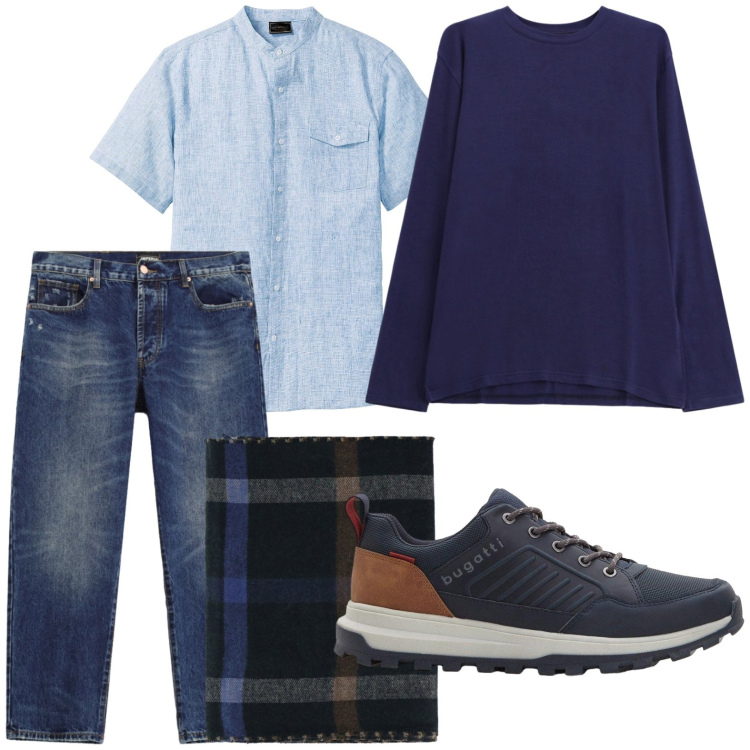 Outfit uomo - Tonalità fredde. Stile Casual per Tutti i giorni. Abbinamento con sciarpe, jeans dritti, t-shirt, camicie a manica corta, sneakers.