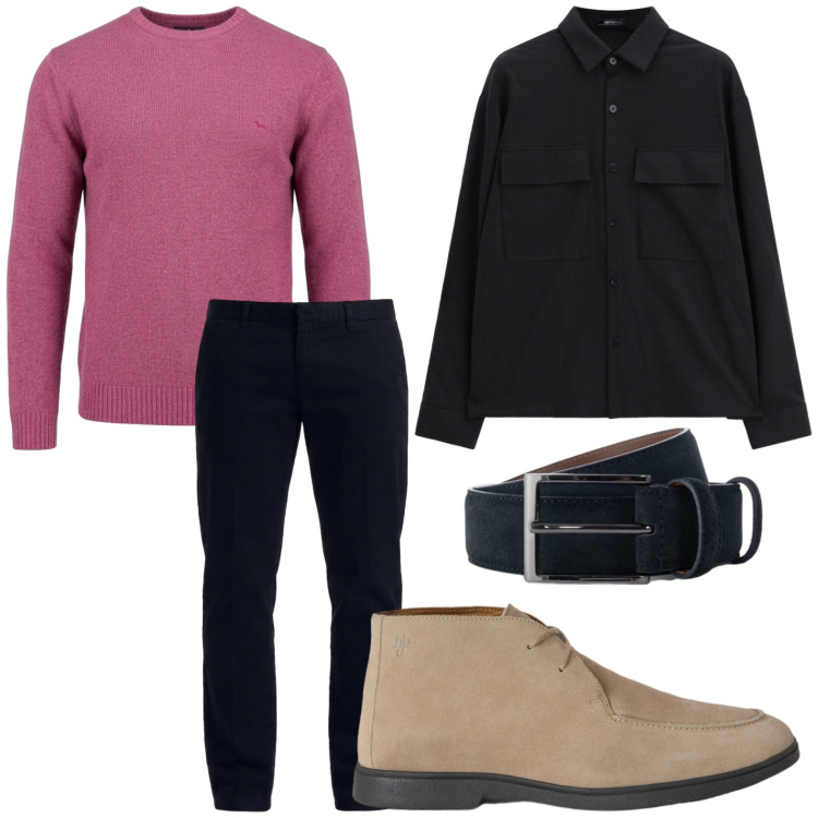 Outfit uomo - Pull malva. Stile Casual per Tutti i giorni. Abbinamento con stivali e stivaletti, maglieria, pantaloni, cinture, camicie.