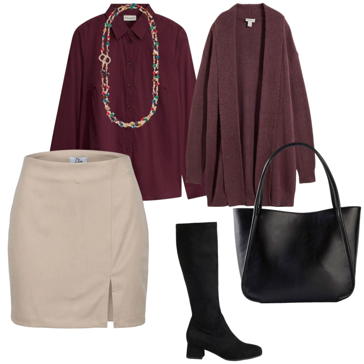 Outfit donna - Periodo di cardigan. per Scuola/Università. Abbinamento con minigonne, collane, cardigans, camicie, stivali, shopping bag.